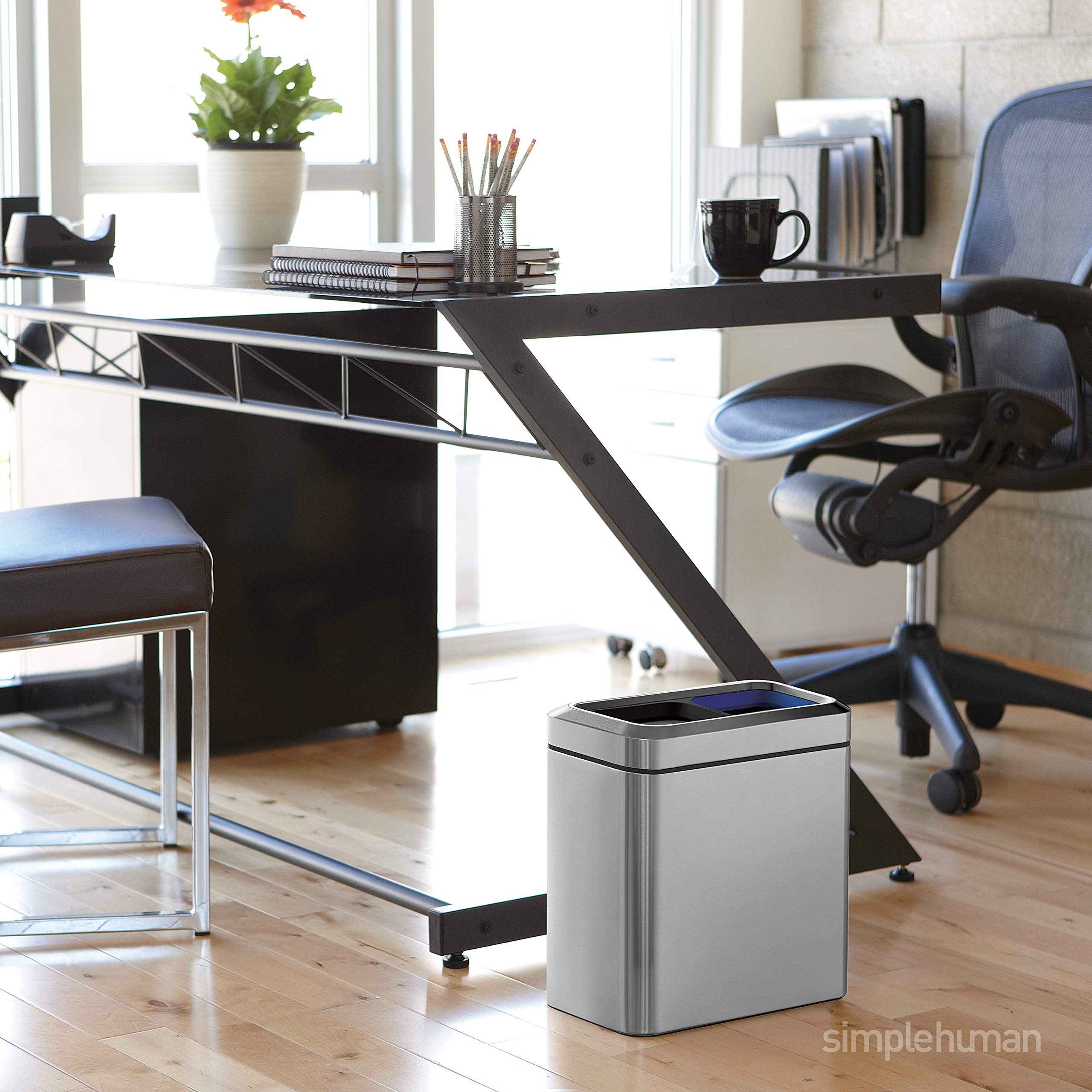 simplehuman 20 Liter / 5.3 Gallon Dual Compartment Recycling Can, Slim Open Top Office Trash Can, Commercial Grade Heavy Gauge Small Trash Can, Brushed Stainless Steel - Image 3