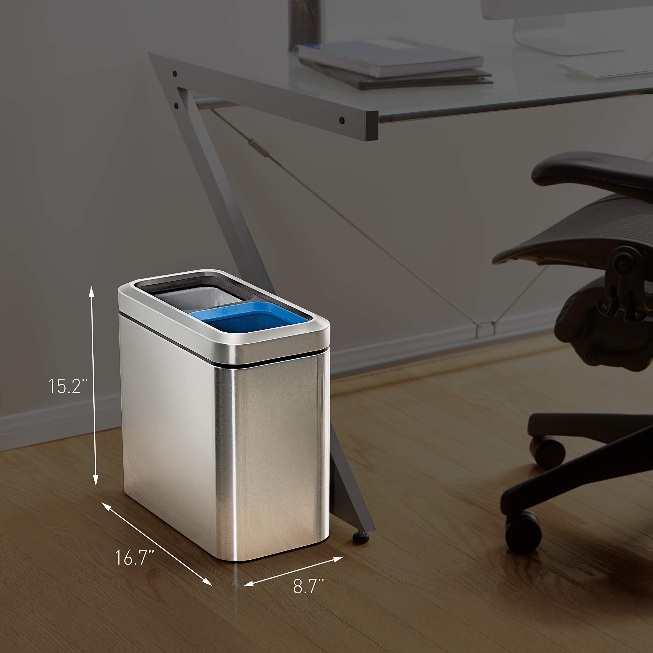 simplehuman 20 Liter / 5.3 Gallon Dual Compartment Recycling Can, Slim Open Top Office Trash Can, Commercial Grade Heavy Gauge Small Trash Can, Brushed Stainless Steel - Image 5