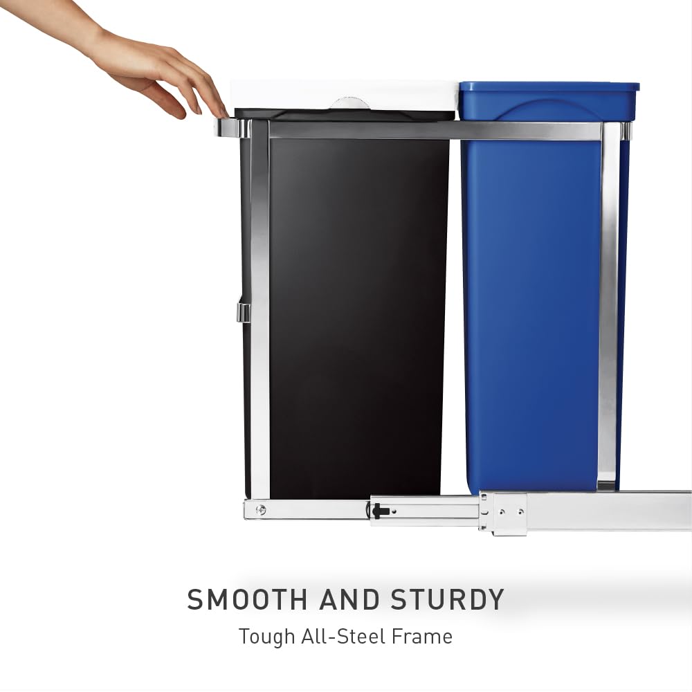 simplehuman 35 Liter / 9.3 Gallon Dual Compartment Under Counter Kitchen Cabinet Pull-Out Recycling Bin and Trash Can, Chrome - Image 3
