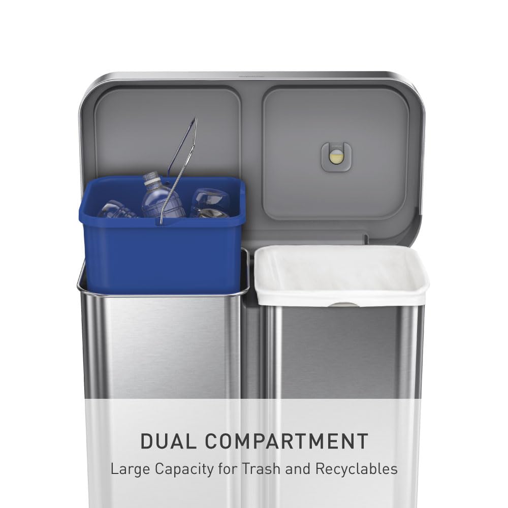 simplehuman 58 Liter / 15.3 Gallon Rectangular Hands-Free Dual Compartment Recycling Kitchen Step Trash Can with Soft-Close Lid, Brushed Stainless Steel - Image 6