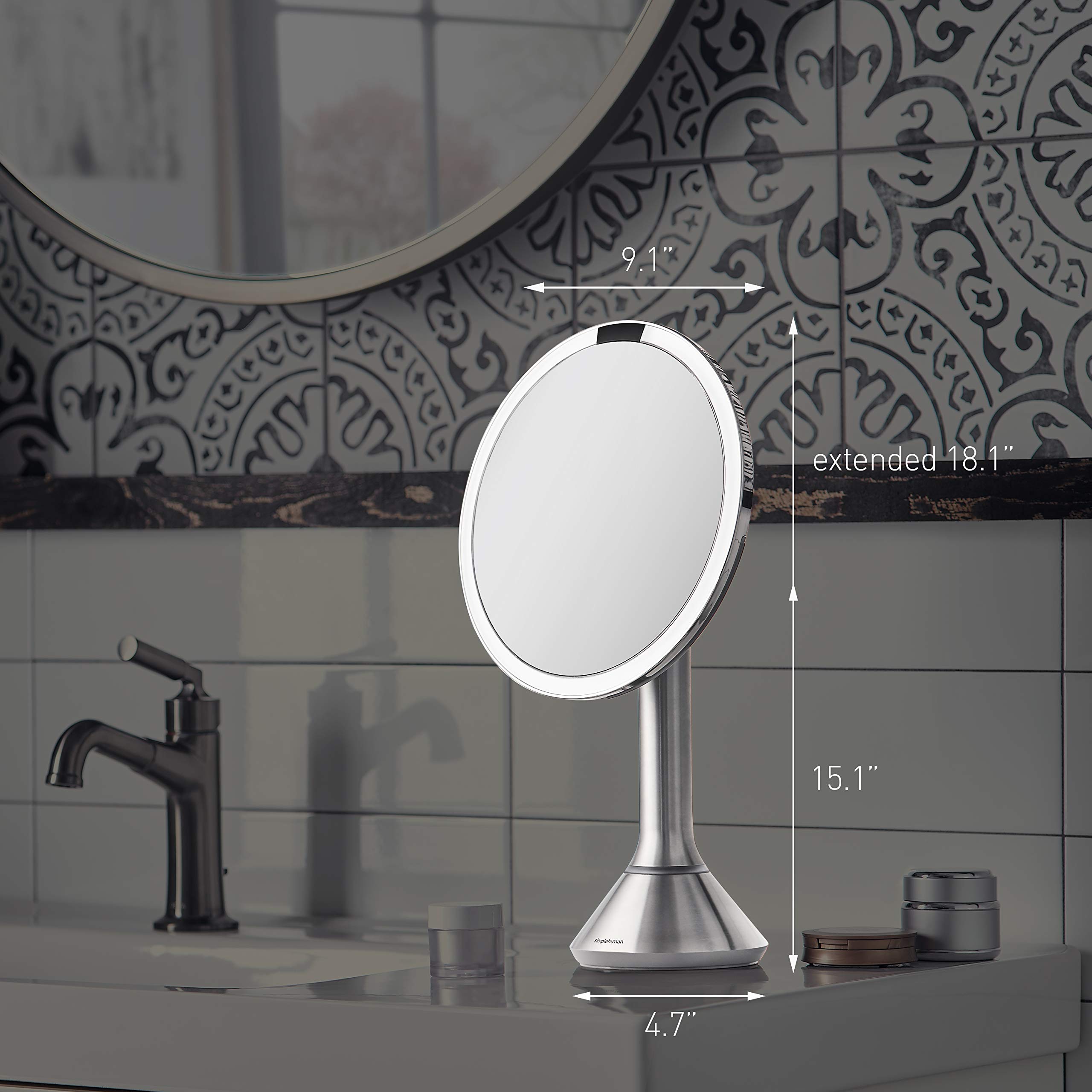 simplehuman 8" Round Sensor Makeup Mirror with Touch-Control Brightness, 5X Magnification, Rechargeable and Cordless, White Stainless Steel - Image 3