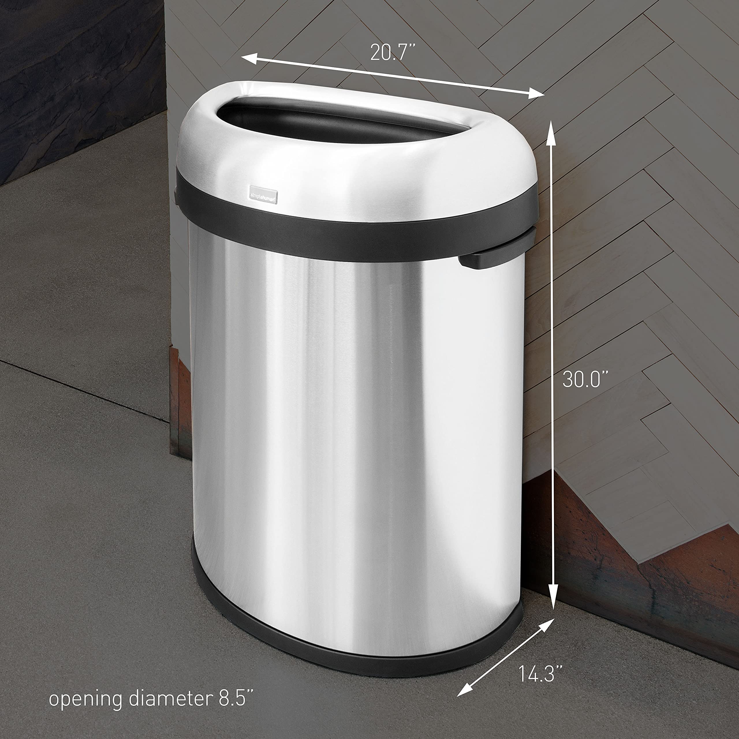 simplehuman 80 Liter / 21.1 Gallon Extra Large Semi-Round Open Top Trash Can Commercial Grade Heavy Gauge Brushed Stainless Steel, ADA-Compliant - Image 3