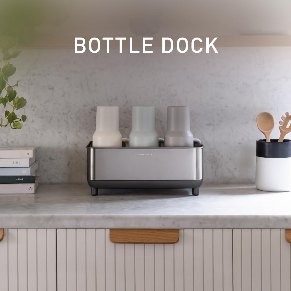 simplehuman Bottle Dock, Steel Frame Fast Drying Bottle Rack, Three-Compartment Organizer for Tumblers, Caps & Straws, Brushed Stainless Steel - Image 2