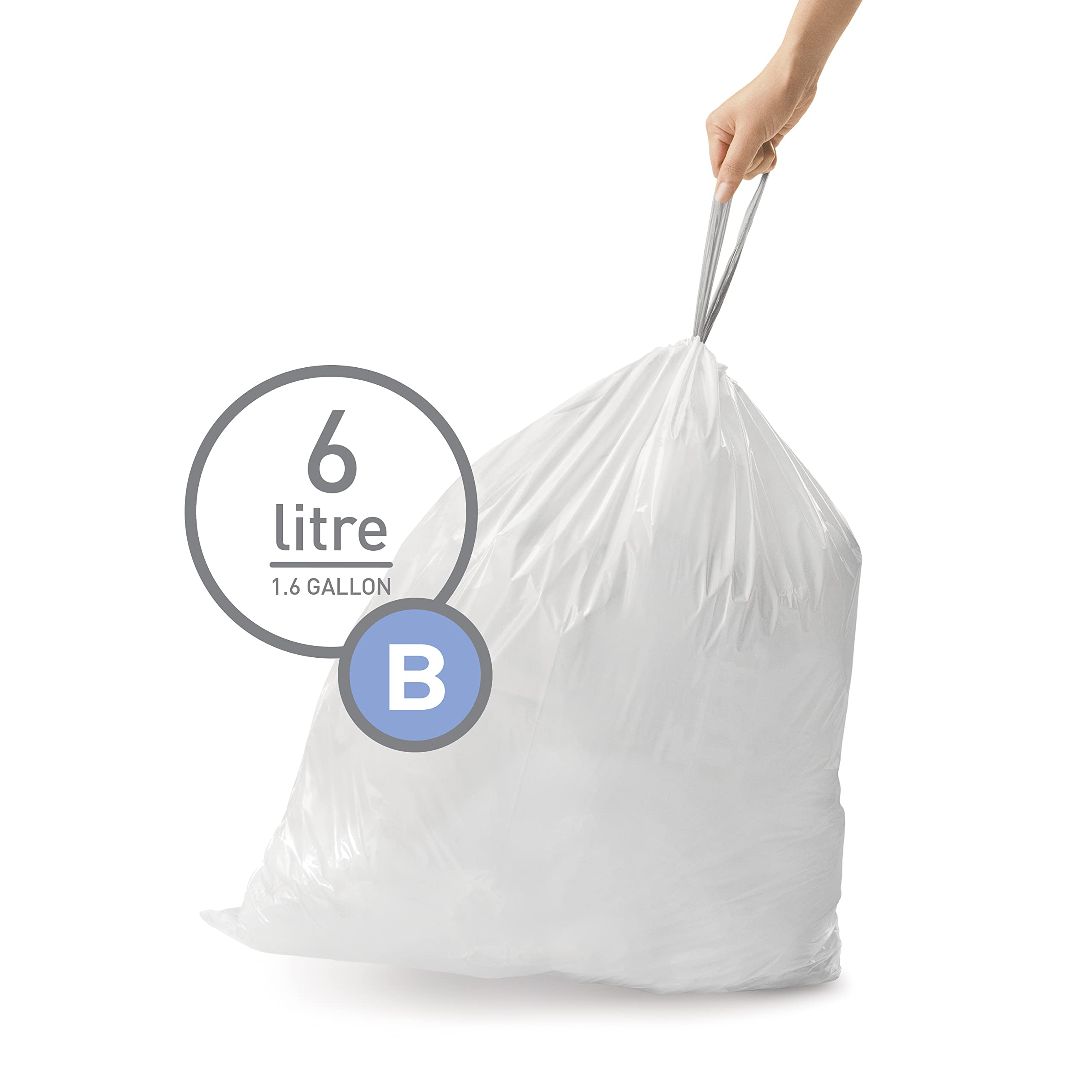 simplehuman Code B 90 Count, Dispenser Pack Custom Fit Liners, Drawstring Trash Bags, 6 Liter / 1.6 Gallon, White - Image 2