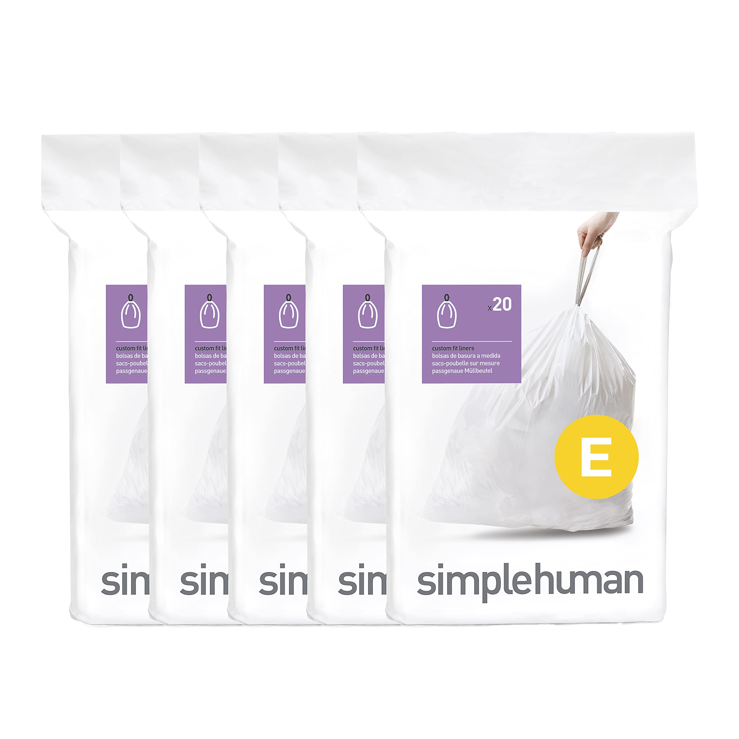 simplehuman Code E 100 Count, Dispenser Pack Custom Fit Liners, Drawstring Trash Bags, 20 Liter / 5.3 Gallon, White