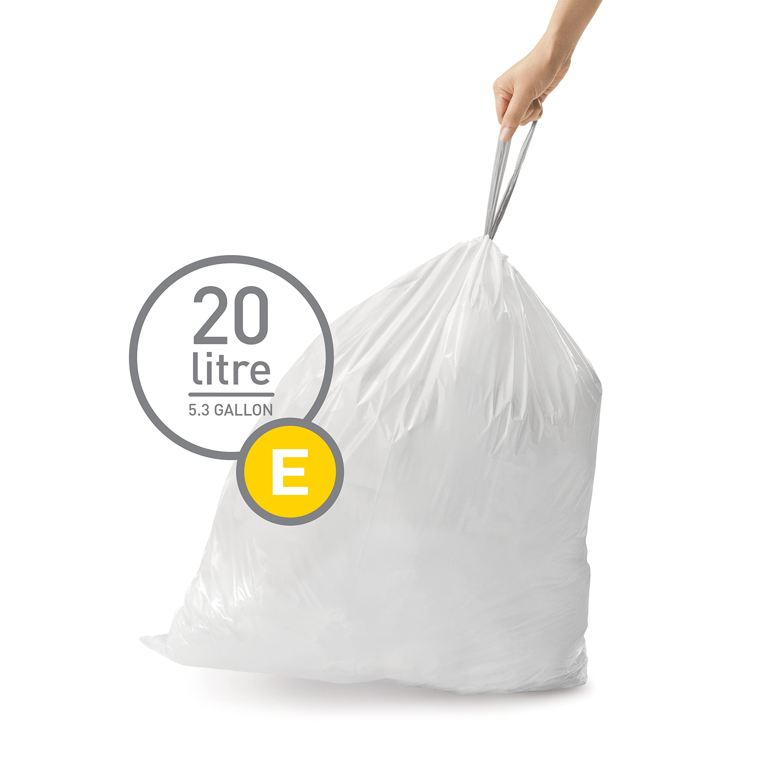 simplehuman Code E 100 Count, Dispenser Pack Custom Fit Liners, Drawstring Trash Bags, 20 Liter / 5.3 Gallon, White - Image 2