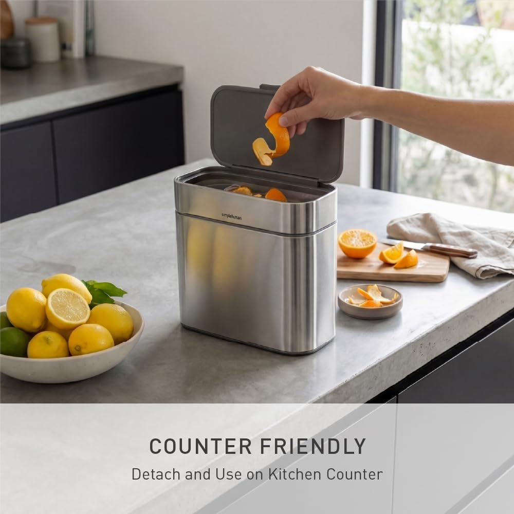 simplehuman Compost Caddy, Detachable and Countertop Bin, 4 Liter / 1.06 Gallon, Brushed Stainless Steel - Image 3