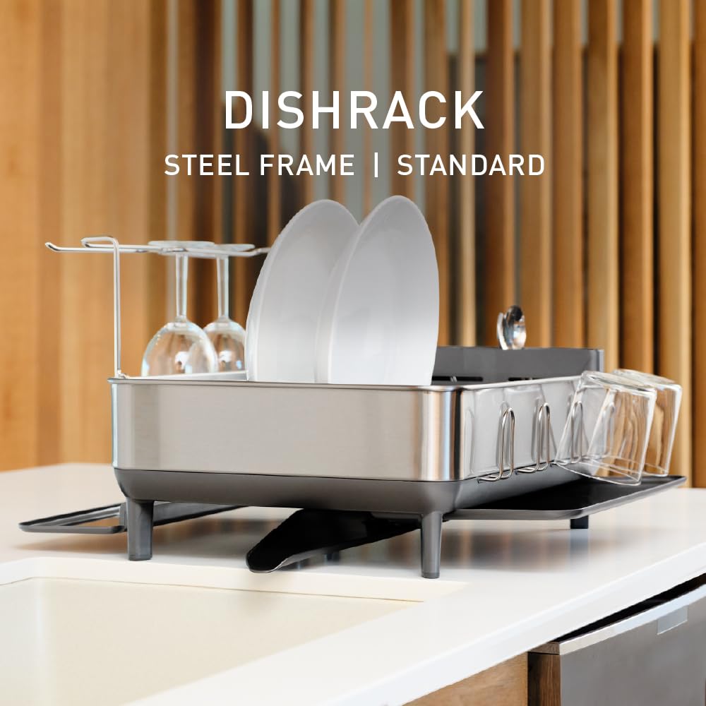 simplehuman Large Capacity Dish Drying Rack with Stainless Steel Frame, 360º Easy Drain Swivel Spout, Utensil & Wine Glass Holder, Anti-Residue Coating, Moisture Control Surface, Grey - Image 3