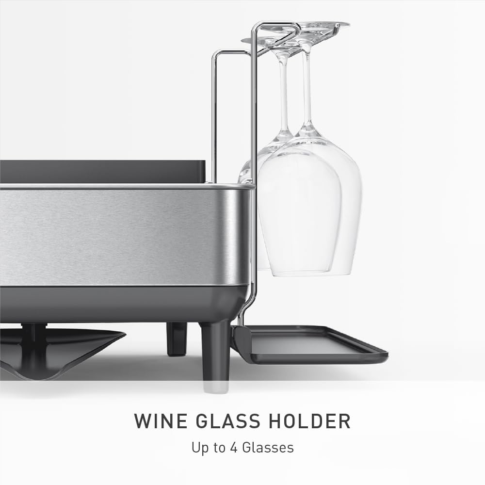 simplehuman Large Capacity Dish Drying Rack with Stainless Steel Frame, 360º Easy Drain Swivel Spout, Utensil & Wine Glass Holder, Anti-Residue Coating, Moisture Control Surface, Grey - Image 6
