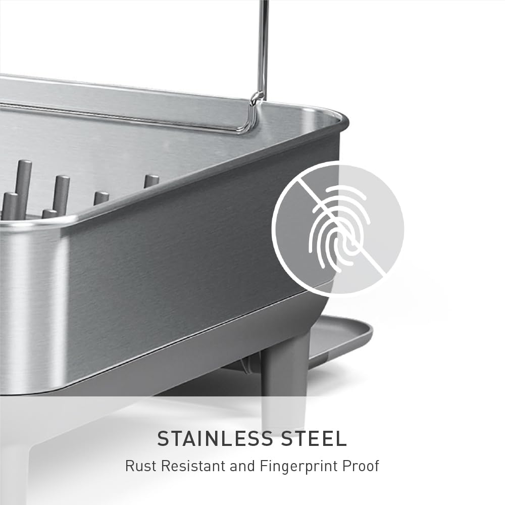 simplehuman Large Capacity Dish Drying Rack with Stainless Steel Frame, 360º Easy Drain Swivel Spout, Utensil & Wine Glass Holder, Anti-Residue Coating, Moisture Control Surface, Grey - Image 7