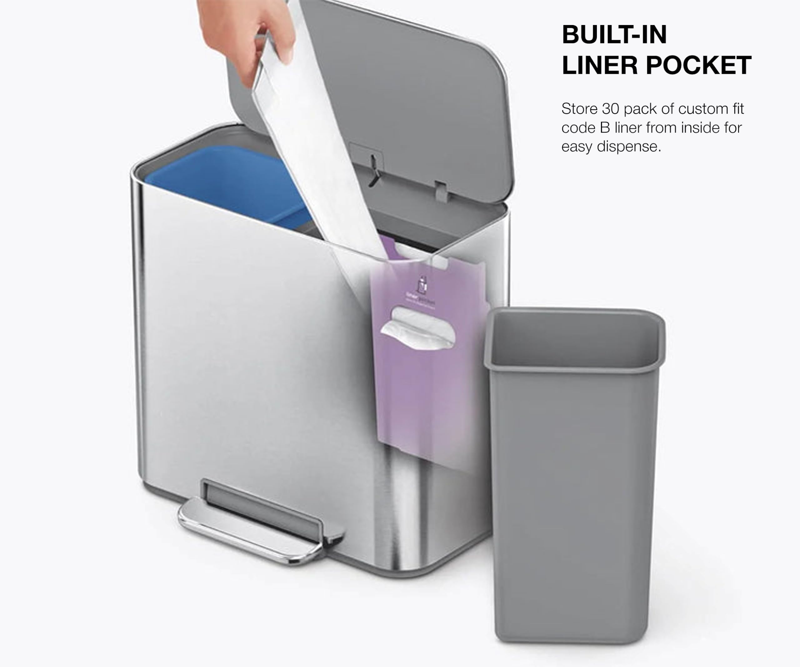 simplehuman Mini Step Recycler, 15L / 4 Gallon Dual Compartment Trash Can for Hotel, Offices, Studios & Small Spaces, 150,000-Step Strong Steel Pedal, Lid Shox Technology, Brushed Stainless Steel - Image 6