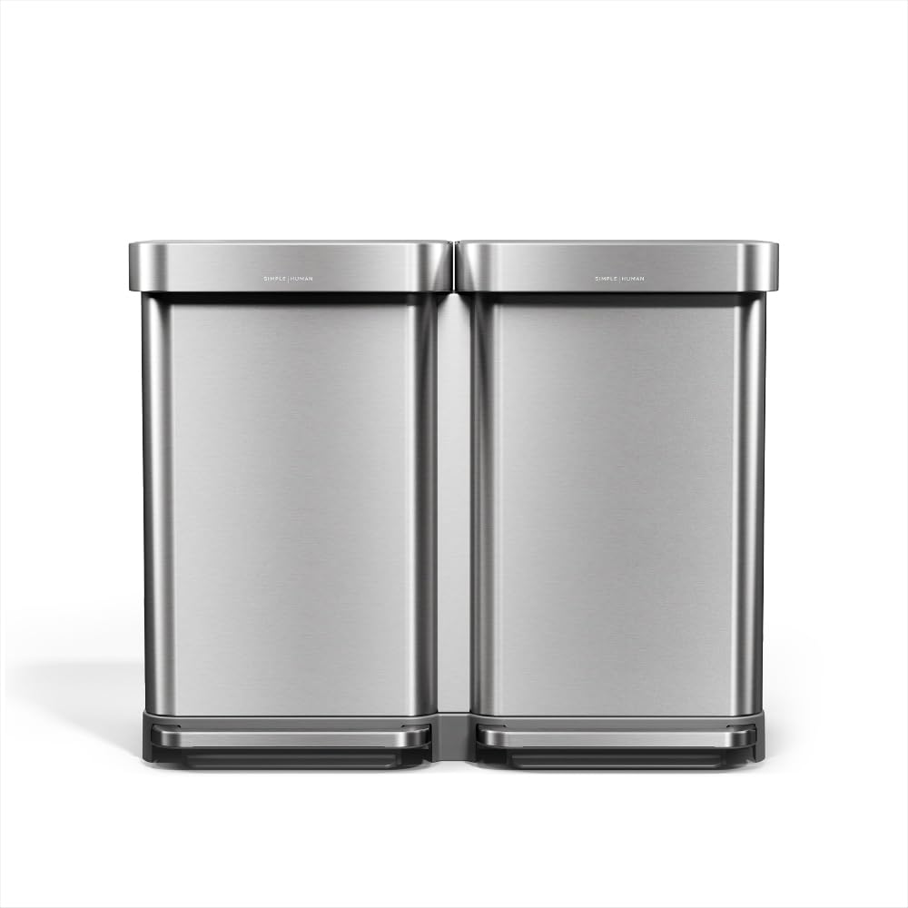 simplehuman Step Recycler, 90L / 23.8 Gallon Dual Compartment Kitchen Trash Can, 150,000-Step Steel Pedal, Lid Shox® Technology, Liner Rim System, Liner Pocket, Brushed Stainless Steel