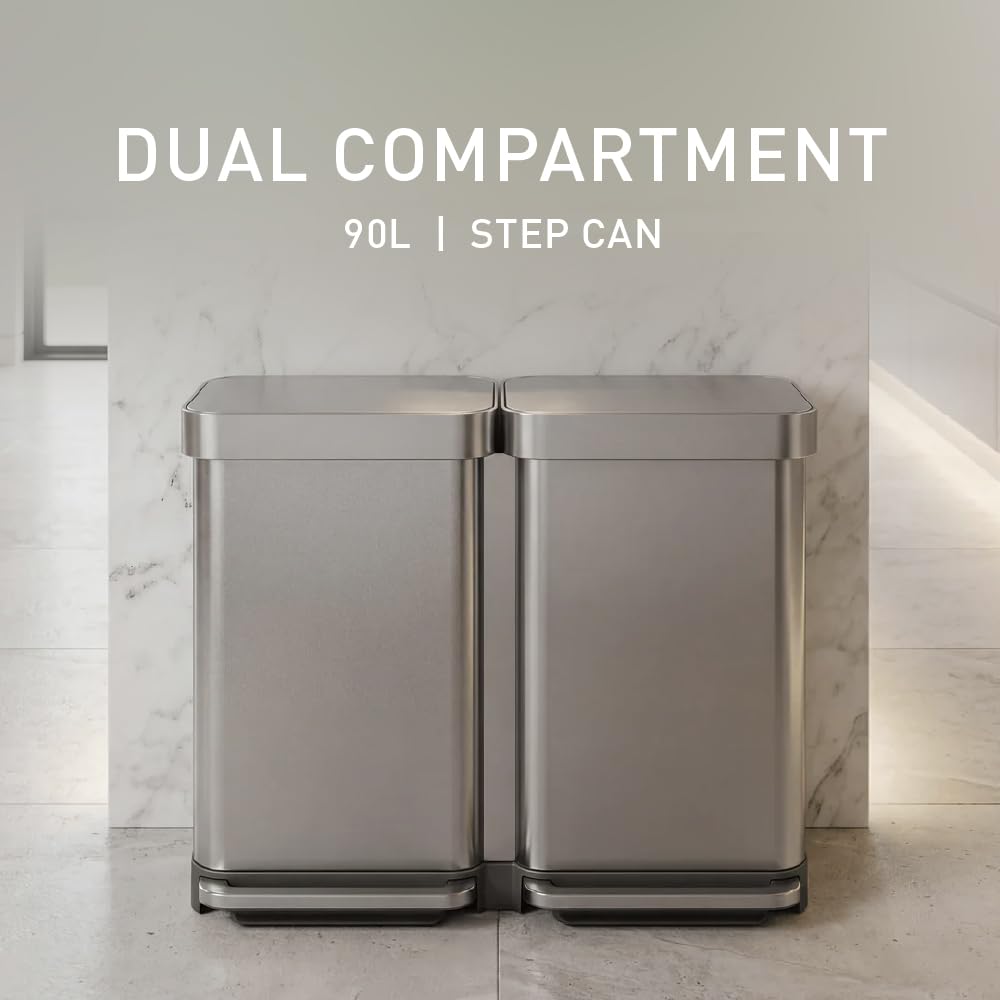 simplehuman Step Recycler, 90L / 23.8 Gallon Dual Compartment Kitchen Trash Can, 150,000-Step Steel Pedal, Lid Shox® Technology, Liner Rim System, Liner Pocket, Brushed Stainless Steel - Image 2